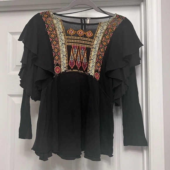 Free People Tops - Free People Top Women's S Shirt Black Layered Long Sleeves Tribal Sheer Back